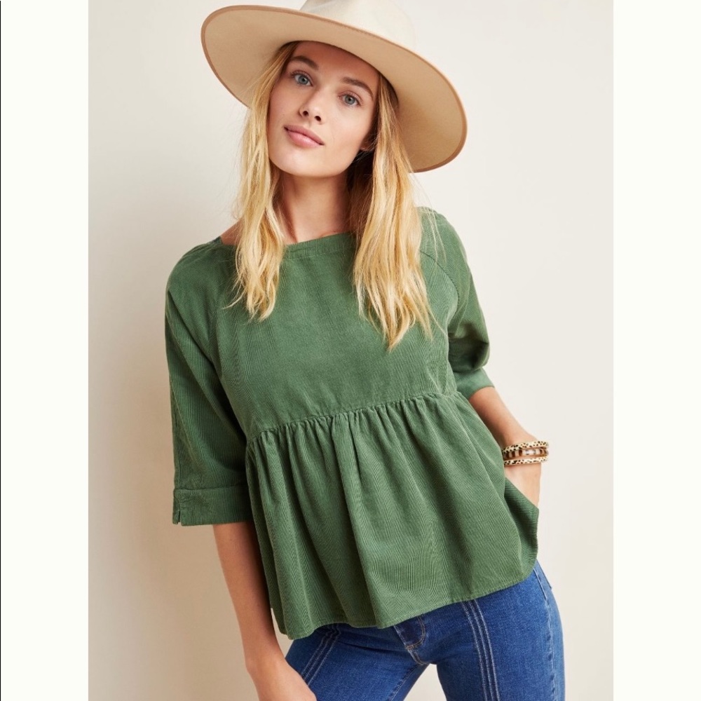 Maeve for Anthropologie Maria green corduroy top